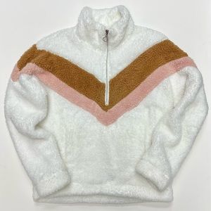 Zesica Women’s Quarter-zip White Tan and Pink Chevron Fleece Pullover Size Small